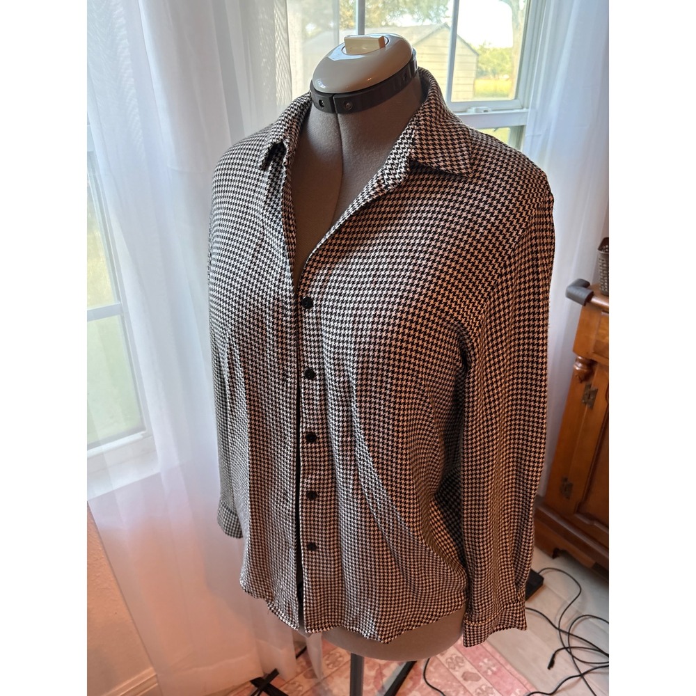 Sharon Young Blouse Womens 10 Black White Houndstooth Rayon Button Down Shirt